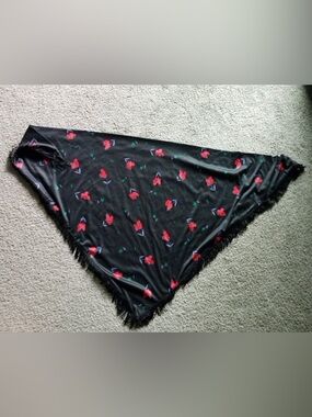 Black Floral Triangle Scarf with Fringe - Women's Accessory